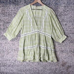 Free People Blouse Womens Small Green Plaid Boho‎ Tunic Peasant Lace Trim Top
